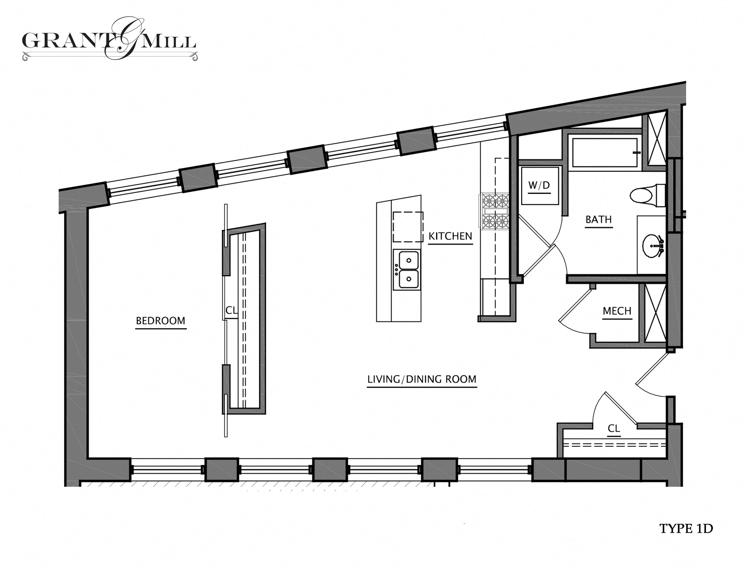 Floor plan for 1 bed, 1 bath, 705 sqft
